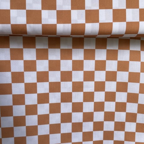 Tissu Popeline Coton Damier Marron et écru x10cm