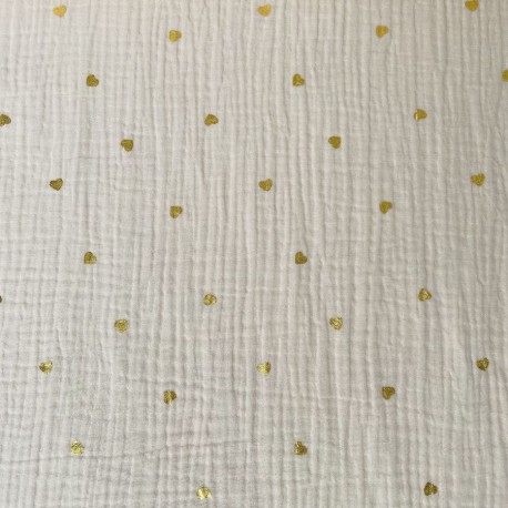 Double Gaze Coton Ecru Coeurs Dorés x 10cm