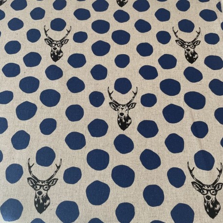 Toile coton et Lin  Echino à pois bleu et cerfs noirs x10cm
