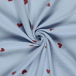 Double Gaze de coton bleu ciel coeur brodé  10cm